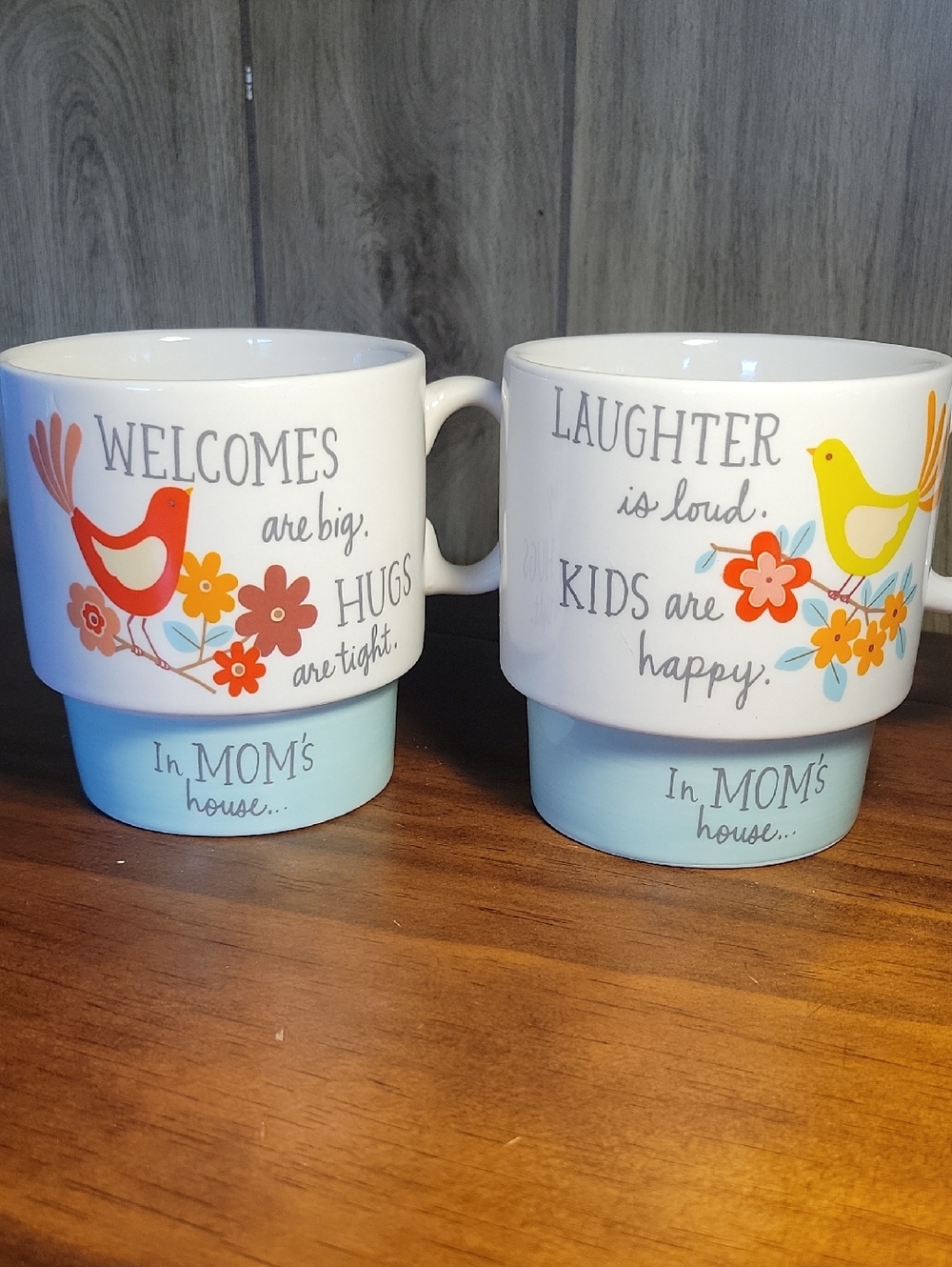 Hallmark In Mom's House Ceramic Mugs with Blue Base and Floral Bird Motifs